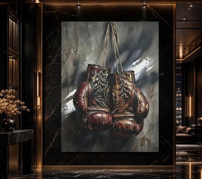 Vintage Boxing Gloves Wall Art, Dark Fighter Canvas Print, Man Cave Sports Artwork — Framed Print wall art