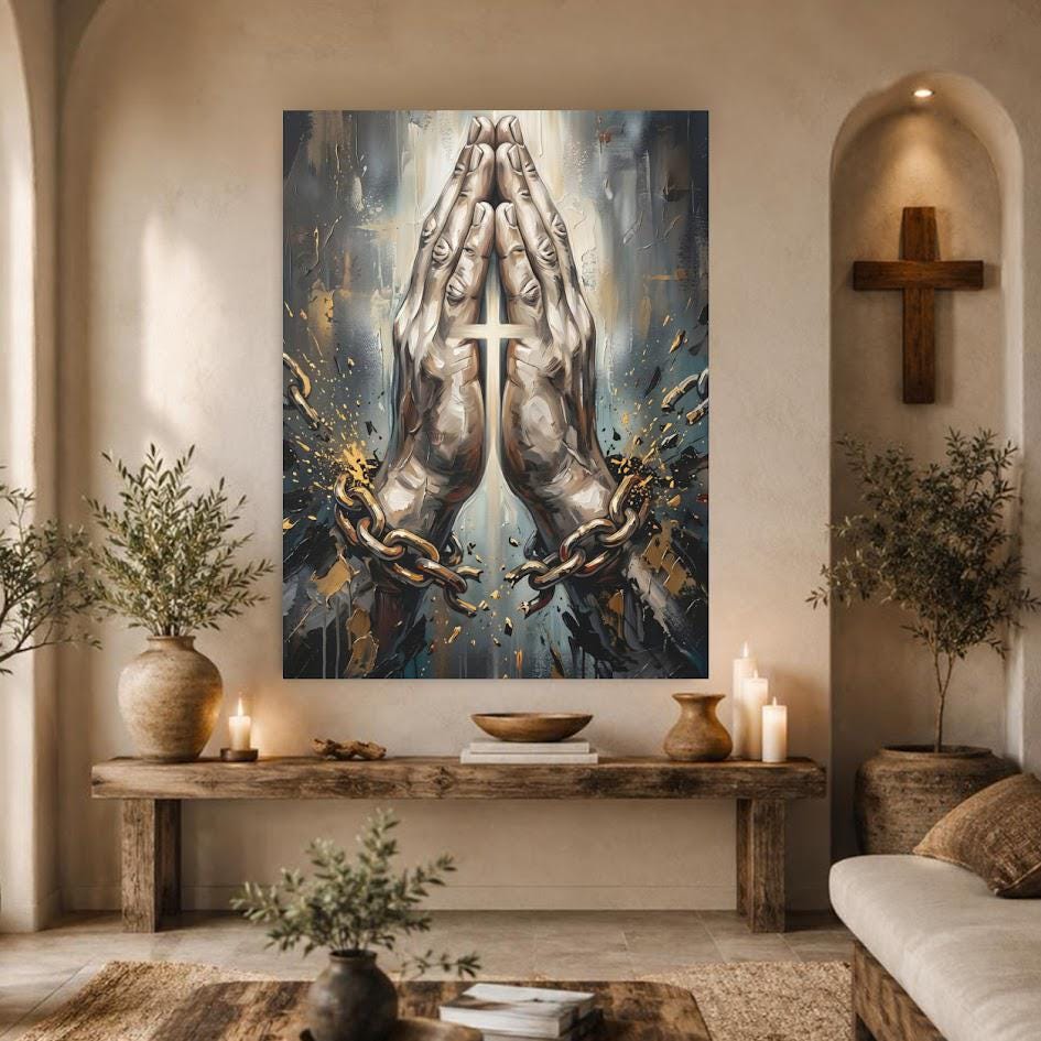 Praying Hands Canvas Wall Art, Chain Breaker Christian Print for Church or Prayer Room — Framed Print wall art