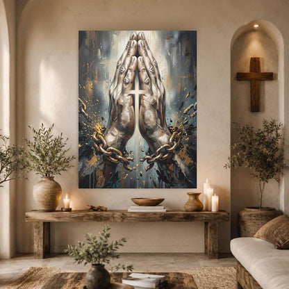 Praying Hands Canvas Wall Art, Chain Breaker Christian Print for Church or Prayer Room — Framed Print wall art