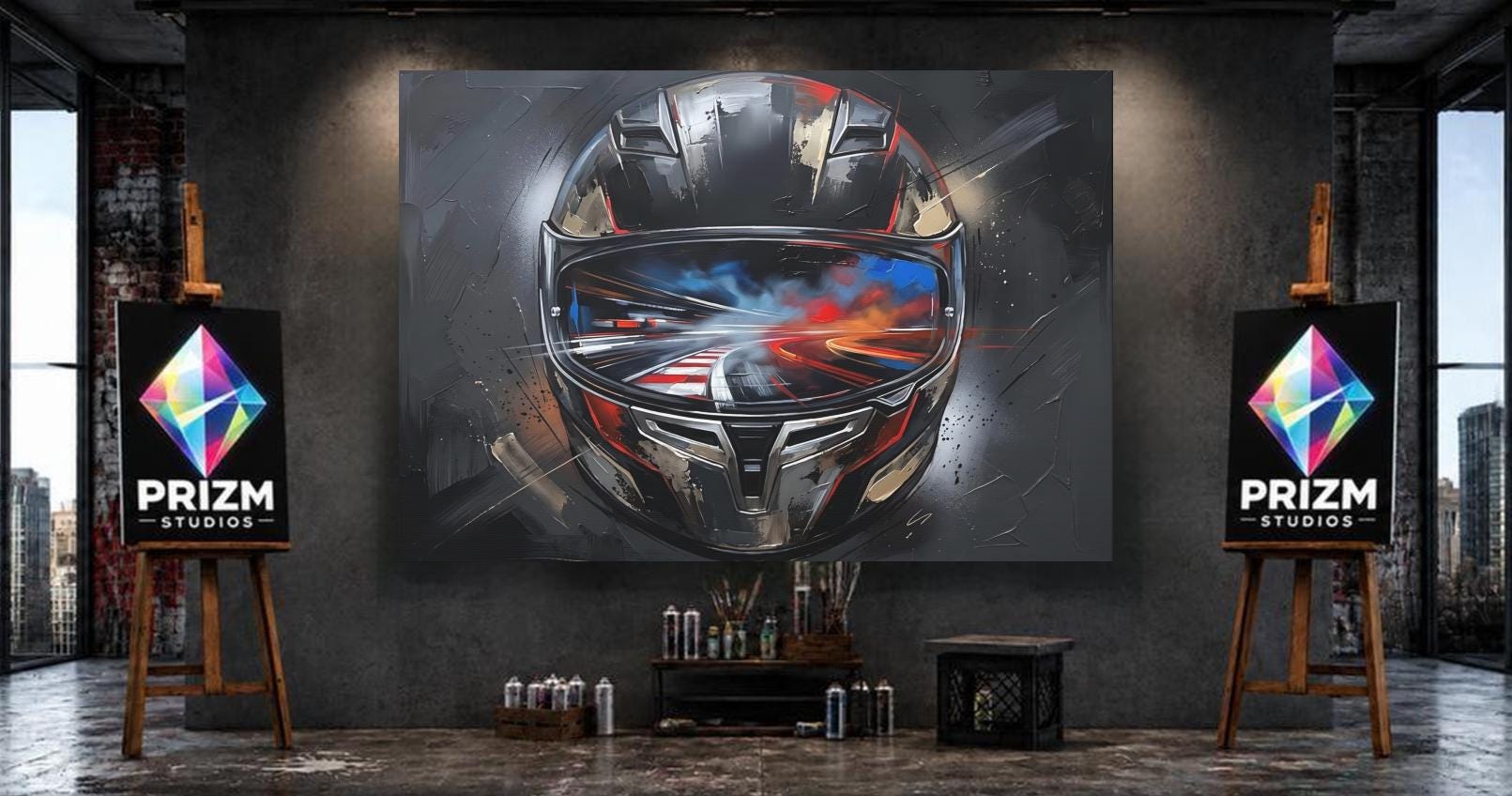 Motorcycle Helmet Canvas Wall Art, Racing Motorsport Print for Garage or Man Cave — Framed Print wall art