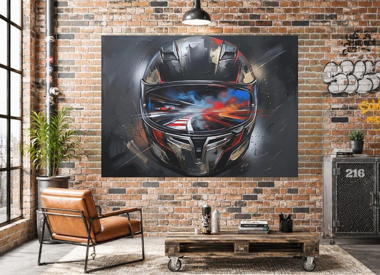 Motorcycle Helmet Canvas Wall Art, Racing Motorsport Print for Garage or Man Cave — Framed Print wall art