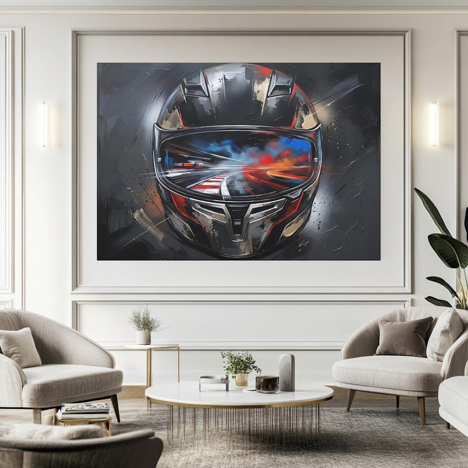 Motorcycle Helmet Canvas Wall Art, Racing Motorsport Print for Garage or Man Cave — Framed Print wall art