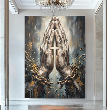 Praying Hands Canvas Wall Art, Chain Breaker Christian Print for Church or Prayer Room — Framed Print wall art