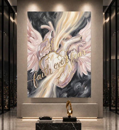 Faith Over Fear Wall Art | Angel Wings Canvas Print | Feminine Christian Decor — Framed Print wall art