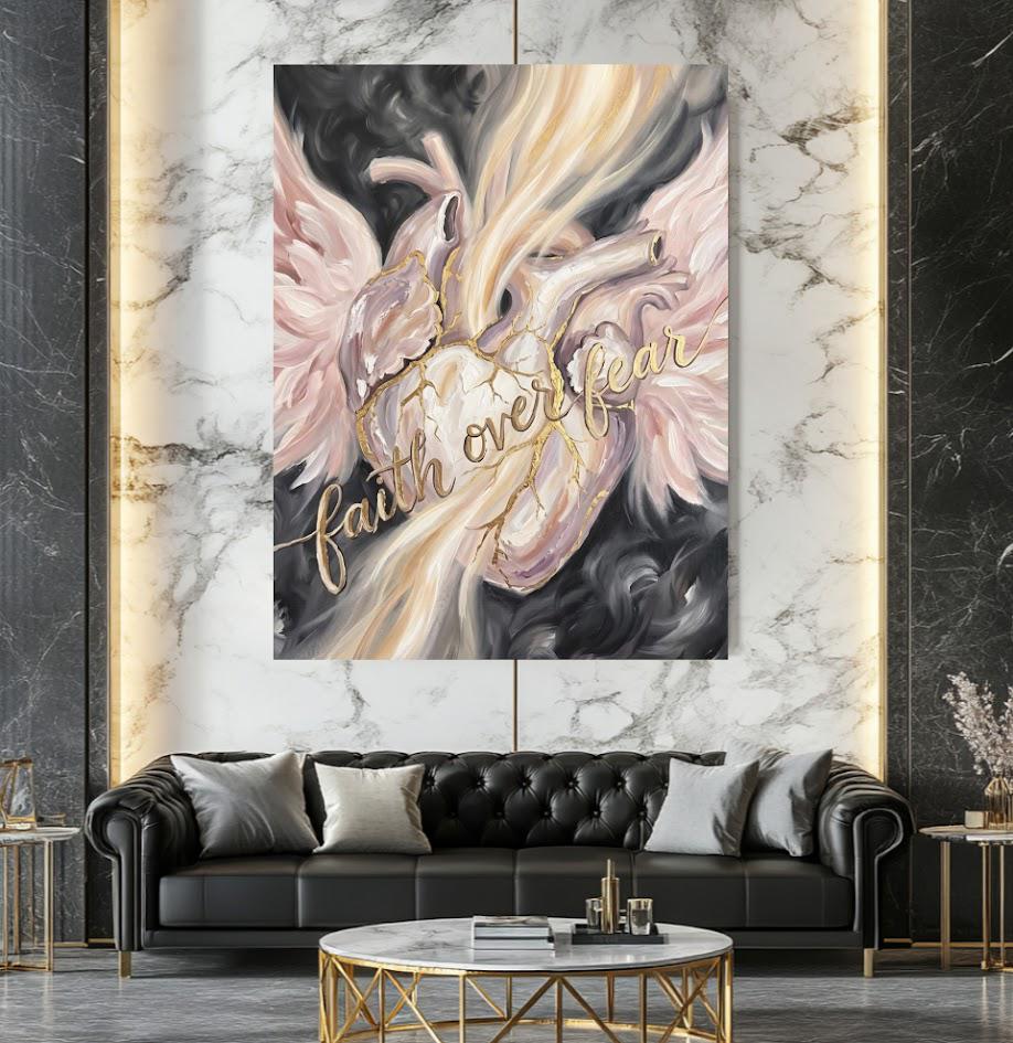 Faith Over Fear Wall Art | Angel Wings Canvas Print | Feminine Christian Decor — Framed Print wall art