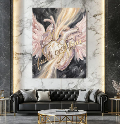 Faith Over Fear Wall Art | Angel Wings Canvas Print | Feminine Christian Decor — Framed Print wall art