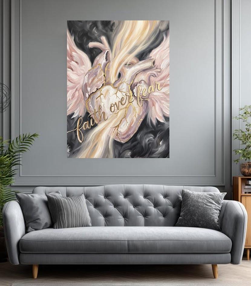 Faith Over Fear Wall Art | Angel Wings Canvas Print | Feminine Christian Decor — Framed Print wall art