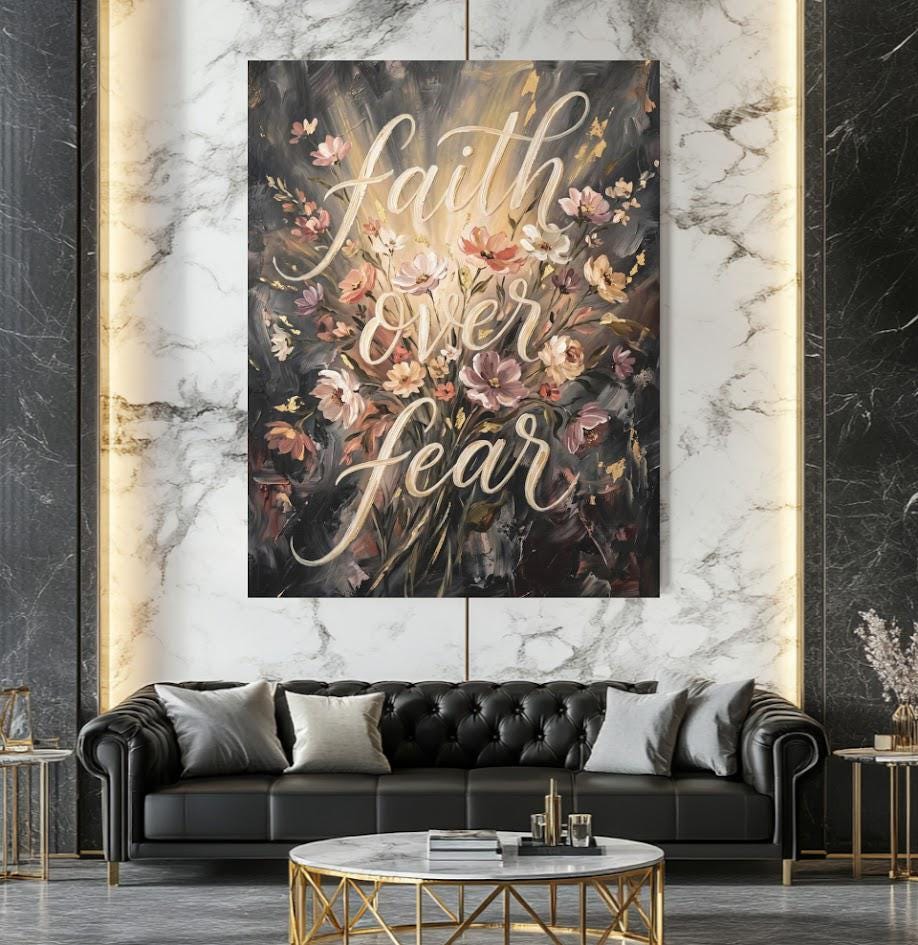 Faith Over Fear Canvas Wall Art, Moody Floral Christian Print, Dark Botanical Decor — Framed Print wall art