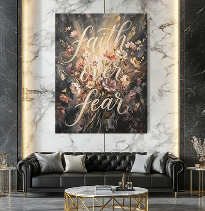 Faith Over Fear Canvas Wall Art, Moody Floral Christian Print, Dark Botanical Decor — Framed Print wall art
