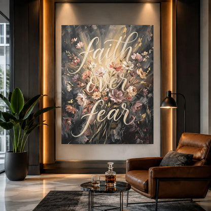 Faith Over Fear Canvas Wall Art, Moody Floral Christian Print, Dark Botanical Decor — Framed Print wall art