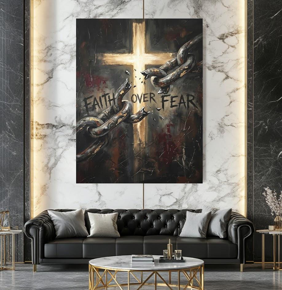 Faith Over Fear Wall Art | Christian Cross Canvas Print | Broken Chains Decor — Framed Print wall art