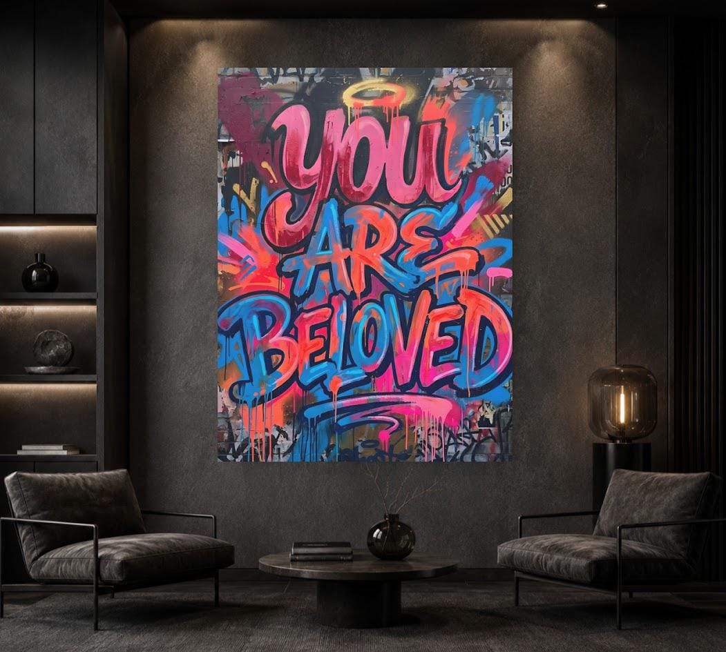 You Are Beloved Canvas Wall Art, Christian Graffiti Print, Colorful Street Art Decor — Framed Print wall art