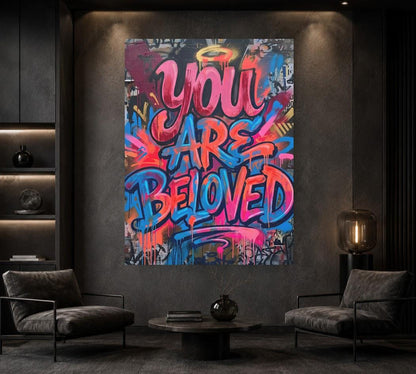 You Are Beloved Canvas Wall Art, Christian Graffiti Print, Colorful Street Art Decor — Framed Print wall art
