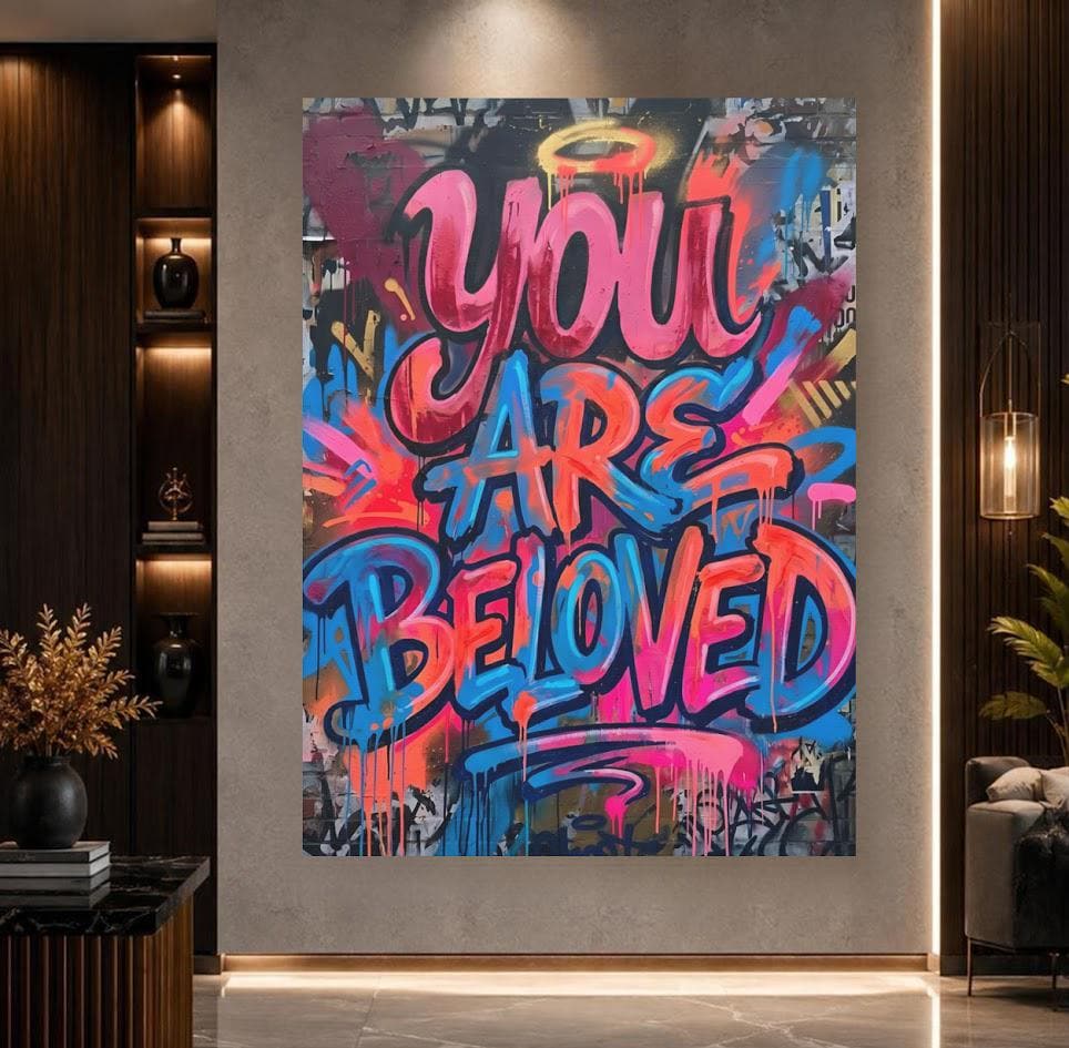 You Are Beloved Canvas Wall Art, Christian Graffiti Print, Colorful Street Art Decor — Framed Print wall art