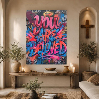 You Are Beloved Canvas Wall Art, Christian Graffiti Print, Colorful Street Art Decor — Framed Print wall art