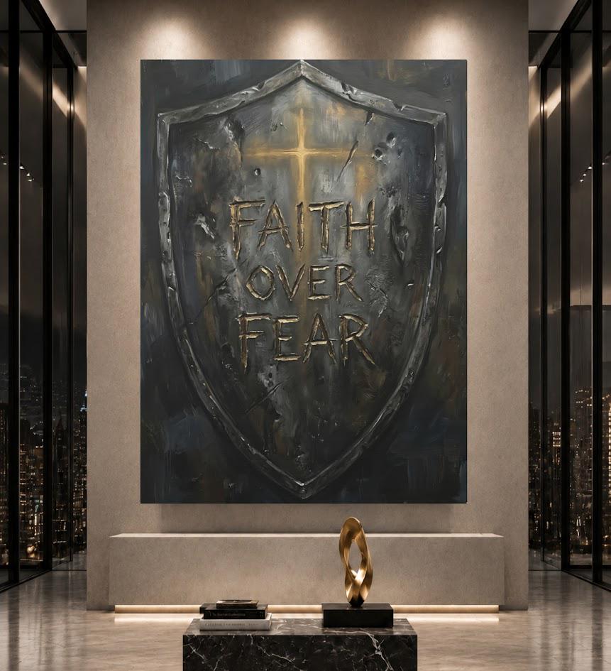 Faith Over Fear Wall Art | Christian Shield Canvas Print | Armor of God Decor — Framed Print wall art