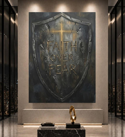 Faith Over Fear Wall Art | Christian Shield Canvas Print | Armor of God Decor — Framed Print wall art