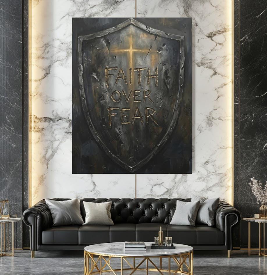 Faith Over Fear Wall Art | Christian Shield Canvas Print | Armor of God Decor — Framed Print wall art