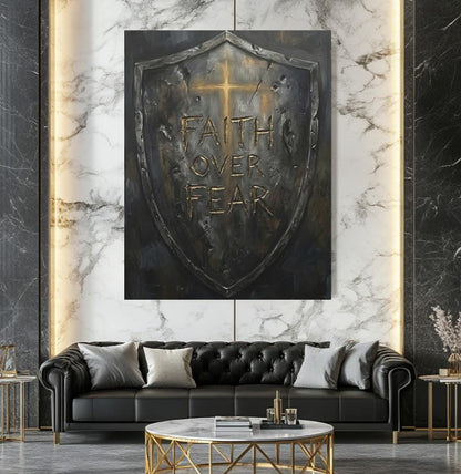 Faith Over Fear Wall Art | Christian Shield Canvas Print | Armor of God Decor — Framed Print wall art