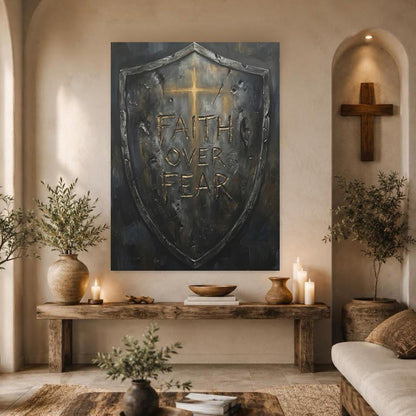 Faith Over Fear Wall Art | Christian Shield Canvas Print | Armor of God Decor — Framed Print wall art