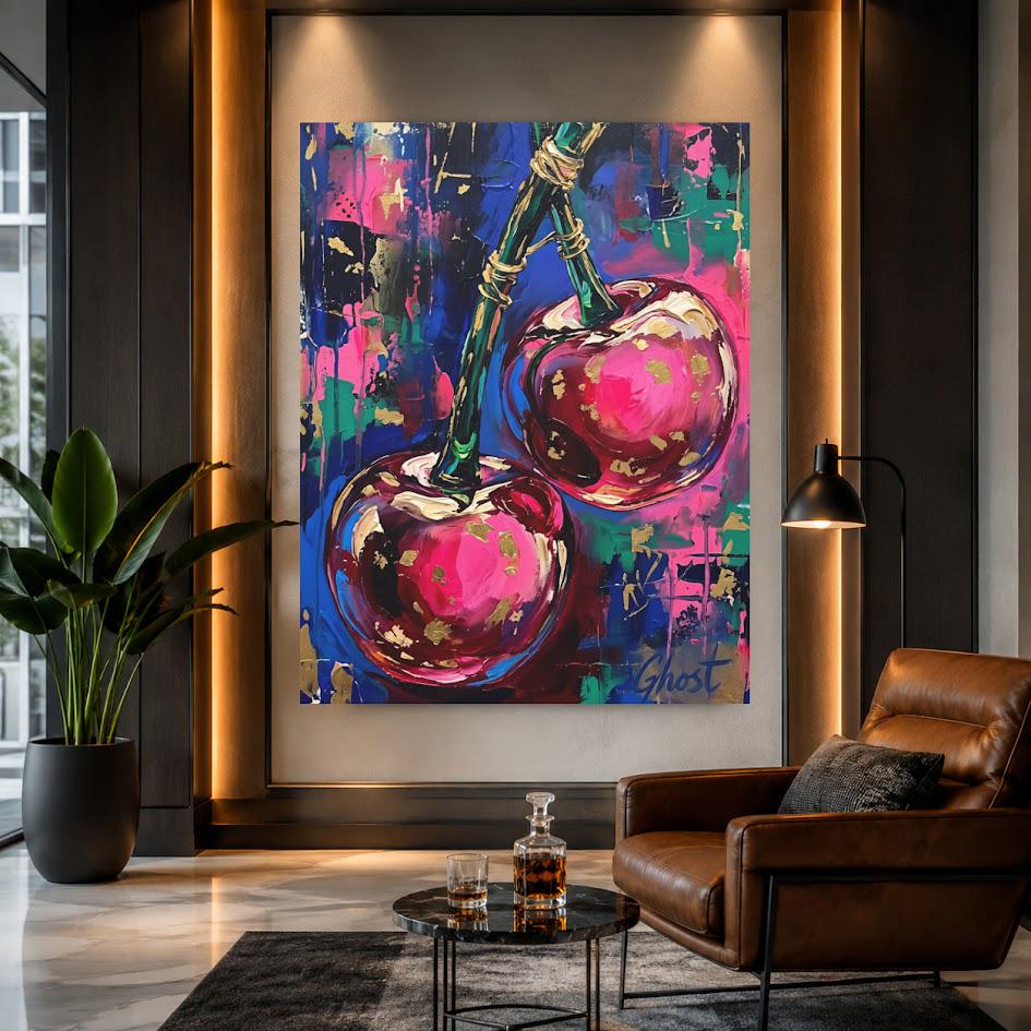 Pop Art Cherry Canvas Wall Art, Dopamine Decor Print, Maximalist Pink Fruit Canvas — Framed Print wall art