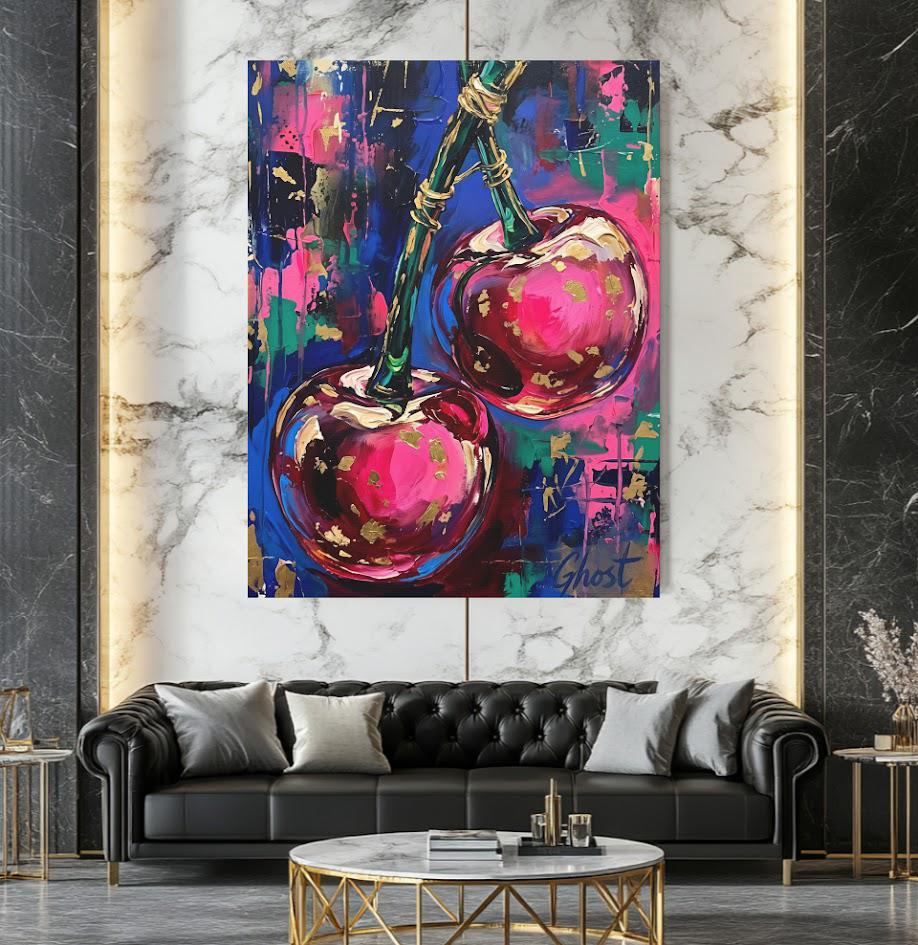 Pop Art Cherry Canvas Wall Art, Dopamine Decor Print, Maximalist Pink Fruit Canvas — Framed Print wall art