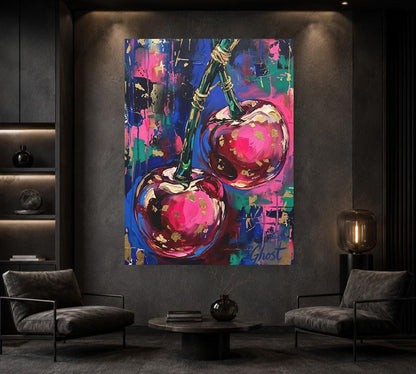 Pop Art Cherry Canvas Wall Art, Dopamine Decor Print, Maximalist Pink Fruit Canvas — Framed Print wall art