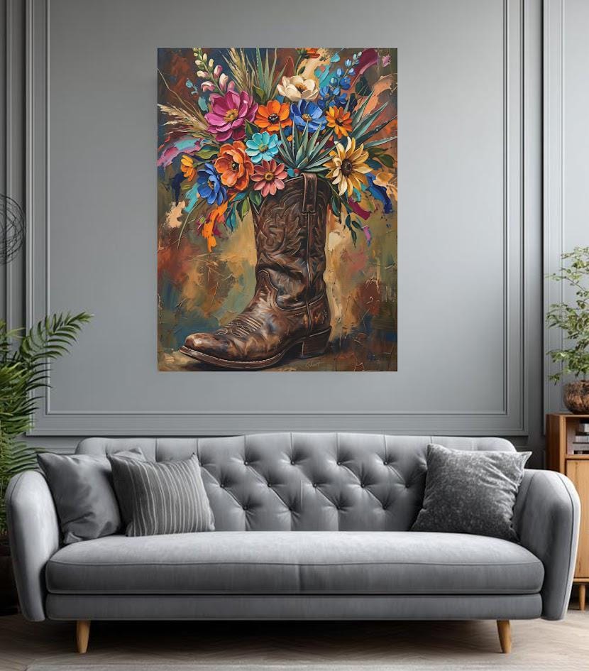 Cowboy Boot Wall Art | Western Floral Canvas Print | Cowgirl Decor — Framed Print wall art