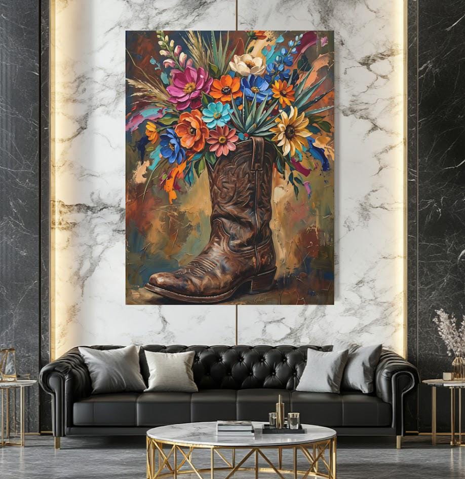 Cowboy Boot Wall Art | Western Floral Canvas Print | Cowgirl Decor — Framed Print wall art