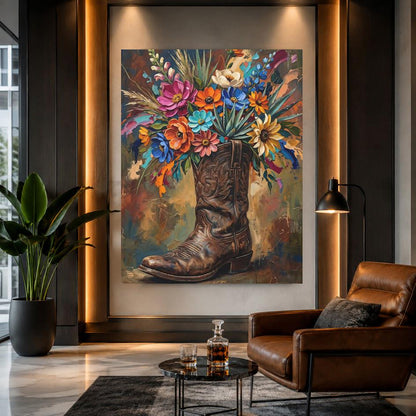 Cowboy Boot Wall Art | Western Floral Canvas Print | Cowgirl Decor — Framed Print wall art