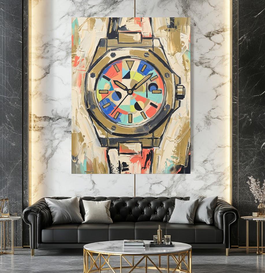Abstract Luxury Watch Canvas Wall Art, Colorful Geometric Timepiece Print for Executive Office — Framed Print wall art