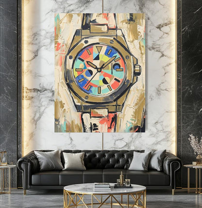 Abstract Luxury Watch Canvas Wall Art, Colorful Geometric Timepiece Print for Executive Office — Framed Print wall art