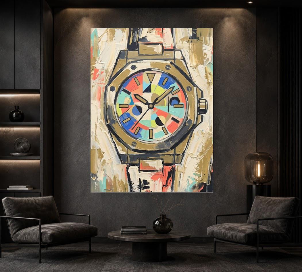 Abstract Luxury Watch Canvas Wall Art, Colorful Geometric Timepiece Print for Executive Office — Framed Print wall art