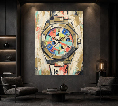 Abstract Luxury Watch Canvas Wall Art, Colorful Geometric Timepiece Print for Executive Office — Framed Print wall art