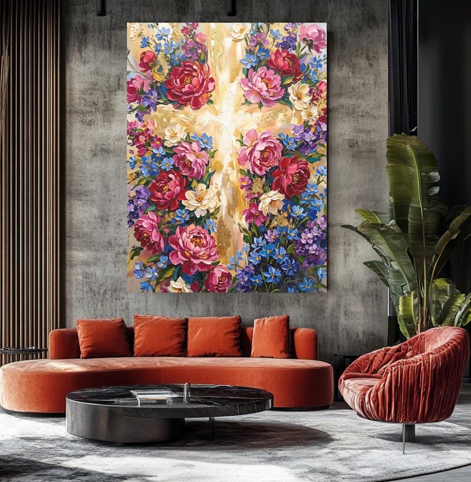 Floral Cross Wall Art | Christian Canvas Print | Flower Faith Decor — Framed Print wall art