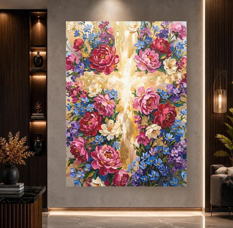 Floral Cross Wall Art | Christian Canvas Print | Flower Faith Decor — Poster wall art