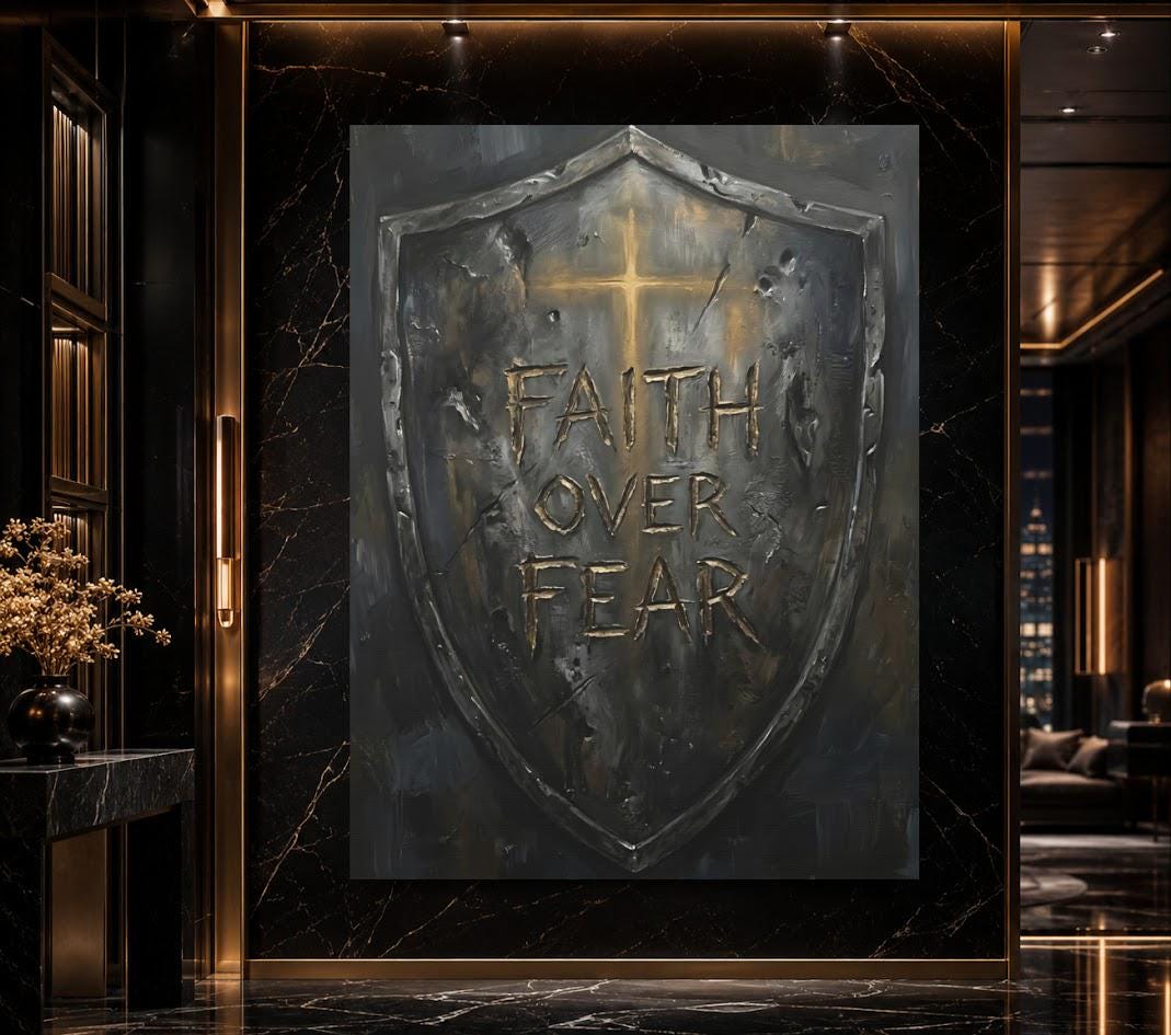 Faith Over Fear Wall Art | Christian Shield Canvas Print | Armor of God Decor — Poster wall art