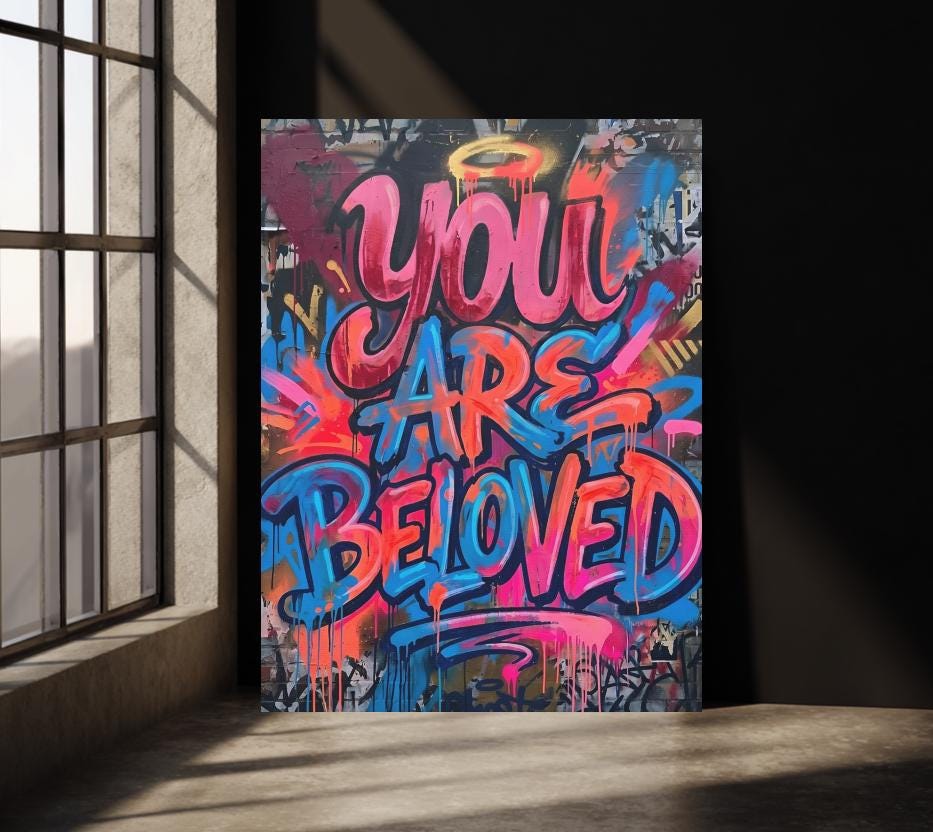 You Are Beloved Canvas Wall Art, Christian Graffiti Print, Colorful Street Art Decor — Poster wall art