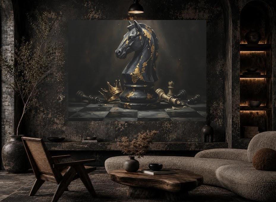 Chess Wall Art Knight Piece | Mens Office Decor | Luxury Game Room Art — Framed Print wall art