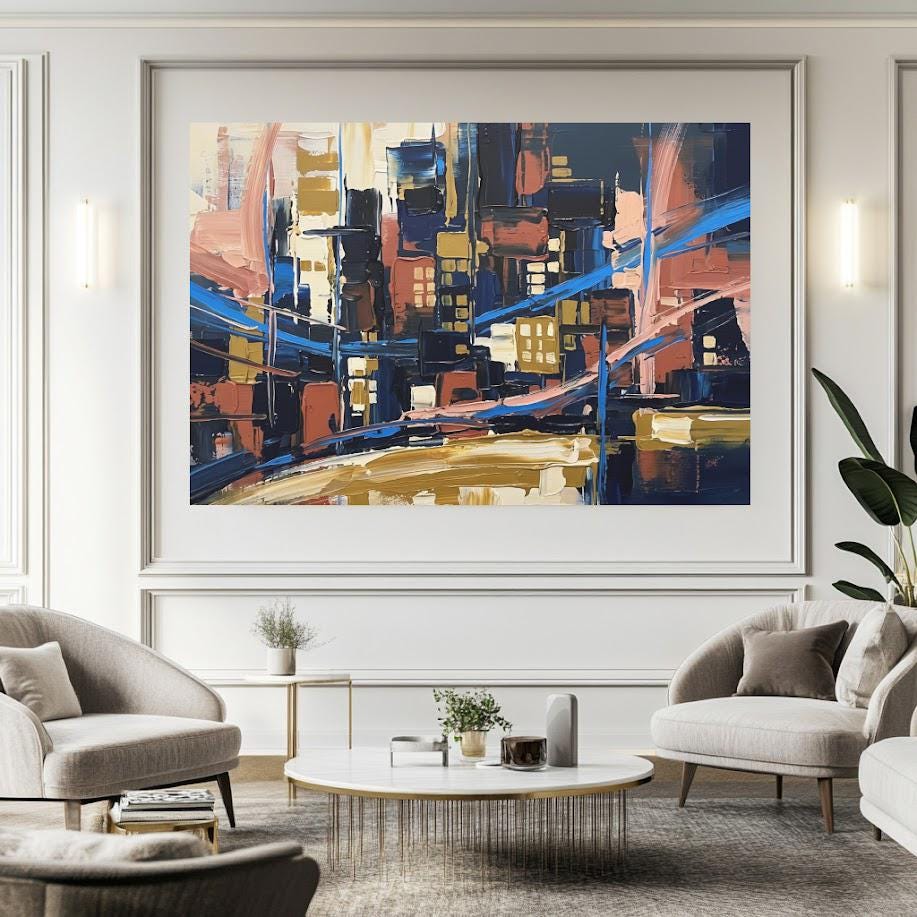 Abstract Cityscape Canvas Wall Art, Heavy Impasto Skyline Print, Navy Blue Urban Decor — Framed Print wall art