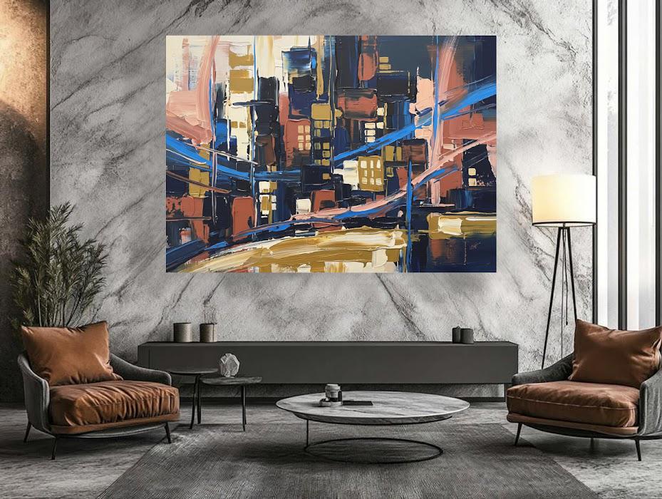 Abstract Cityscape Canvas Wall Art, Heavy Impasto Skyline Print, Navy Blue Urban Decor — Framed Print wall art