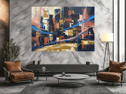 Abstract Cityscape Canvas Wall Art, Heavy Impasto Skyline Print, Navy Blue Urban Decor — Framed Print wall art