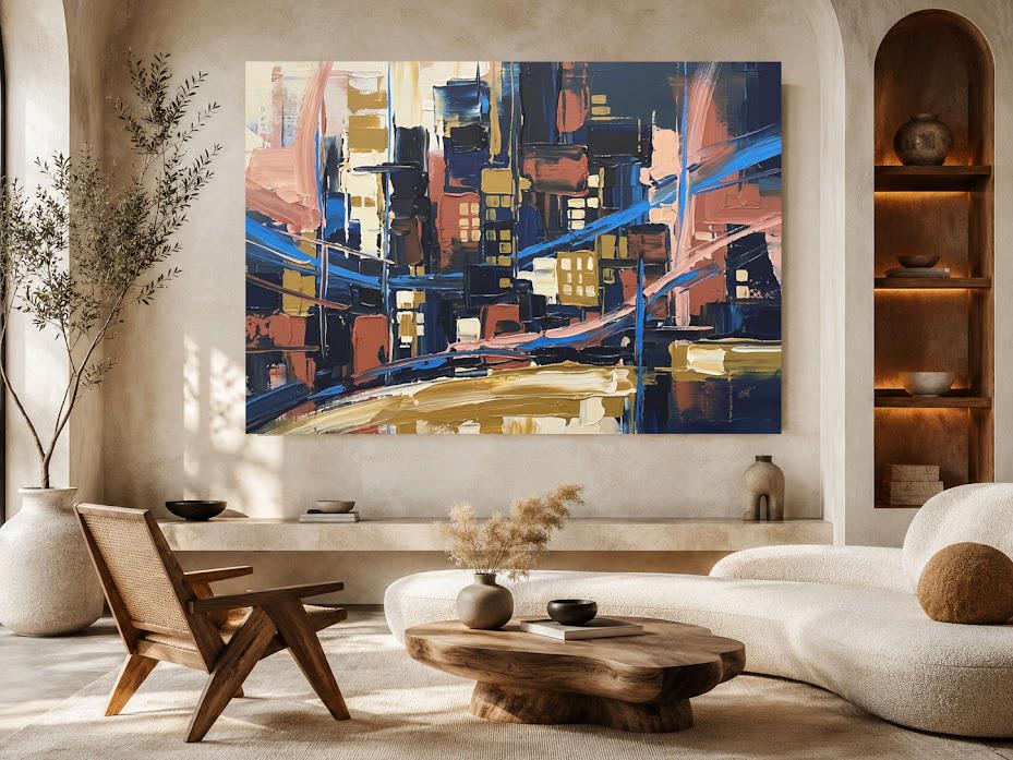 Abstract Cityscape Canvas Wall Art, Heavy Impasto Skyline Print, Navy Blue Urban Decor — Framed Print wall art
