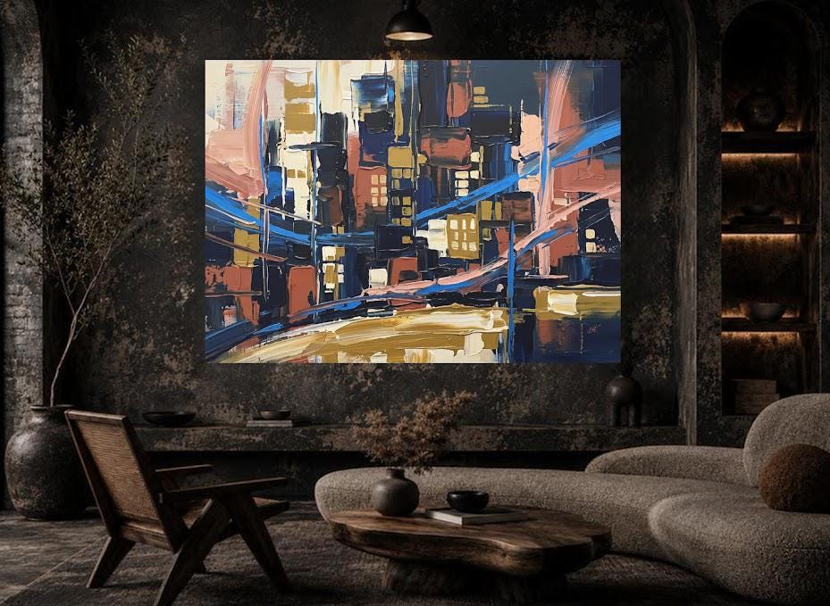 Abstract Cityscape Canvas Wall Art, Heavy Impasto Skyline Print, Navy Blue Urban Decor — Poster wall art
