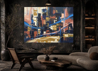 Abstract Cityscape Canvas Wall Art, Heavy Impasto Skyline Print, Navy Blue Urban Decor — Poster wall art