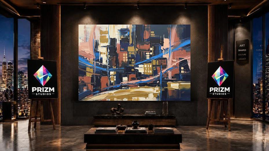 Abstract Cityscape Canvas Wall Art, Heavy Impasto Skyline Print, Navy Blue Urban Decor — Framed Print wall art