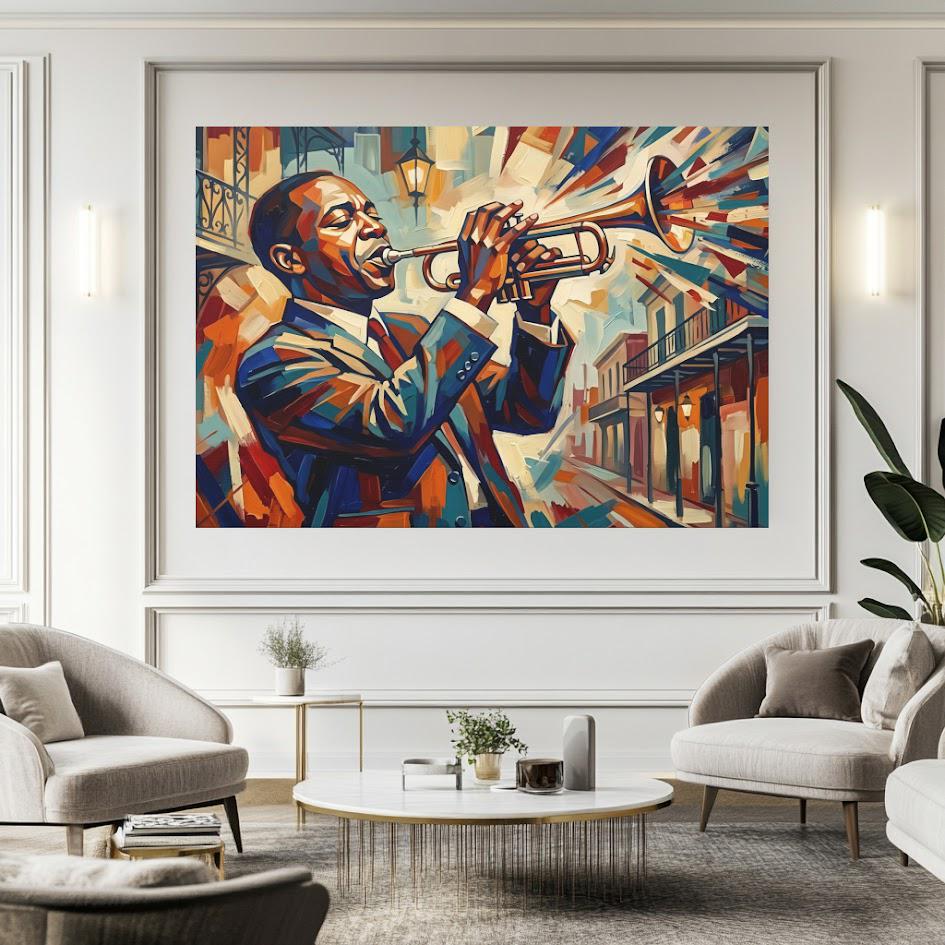 New Orleans Jazz Canvas Wall Art, Colorful Abstract Trumpet Print for Home Bar or Lounge — Framed Print wall art