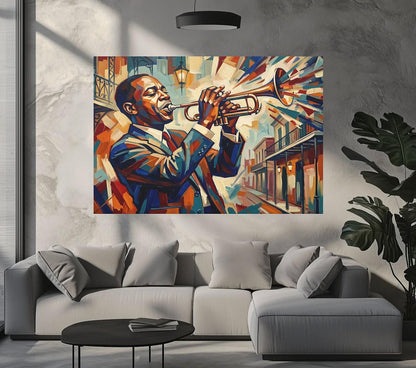 New Orleans Jazz Canvas Wall Art, Colorful Abstract Trumpet Print for Home Bar or Lounge — Framed Print wall art