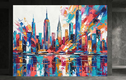 New York City Skyline Canvas Wall Art, Colorful Abstract Cityscape Print for Modern Office or Apartment — Framed Print wall