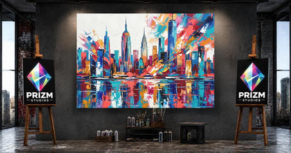 New York City Skyline Canvas Wall Art, Colorful Abstract Cityscape Print for Modern Office or Apartment — Framed Print wall